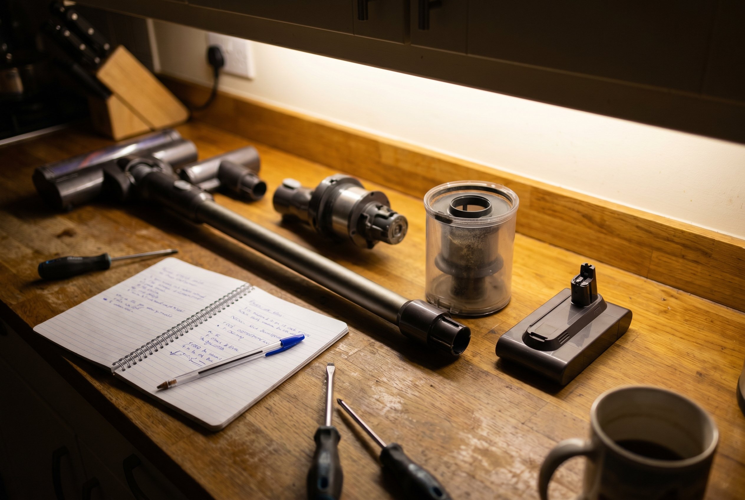 A premium cordless vacuum disassembled on a kitchen counter at night, parts laid out for examination next to a notebook and screwdrivers.