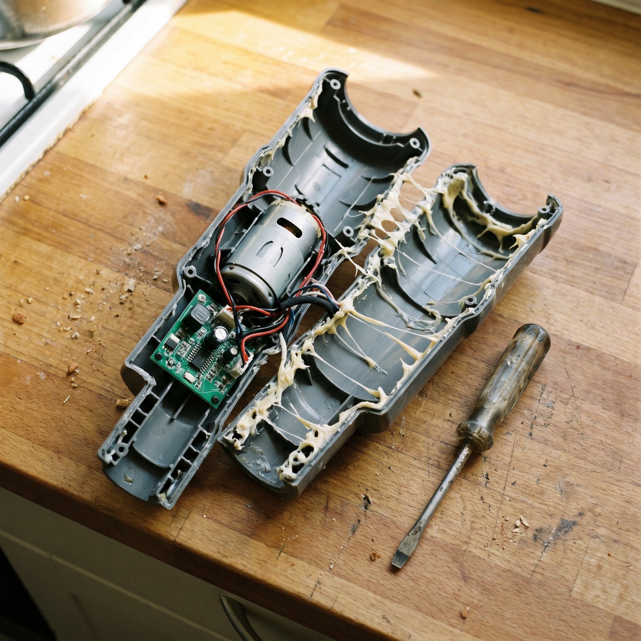 The motor housing of a cordless vacuum pried open on a kitchen counter, with dried industrial adhesive visibly stretched across the seams.
