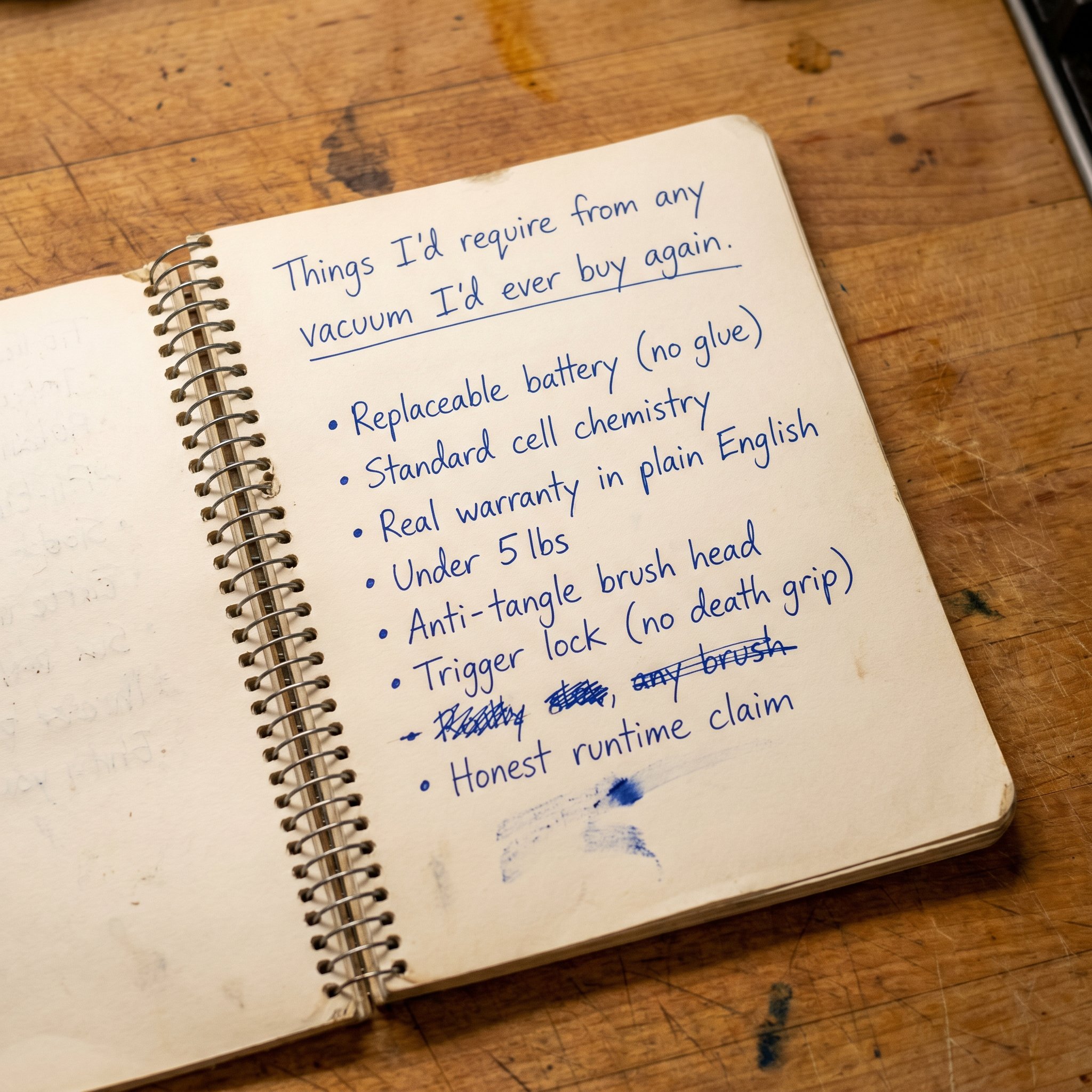 An open spiral notebook on a wooden table showing a handwritten list of vacuum requirements.