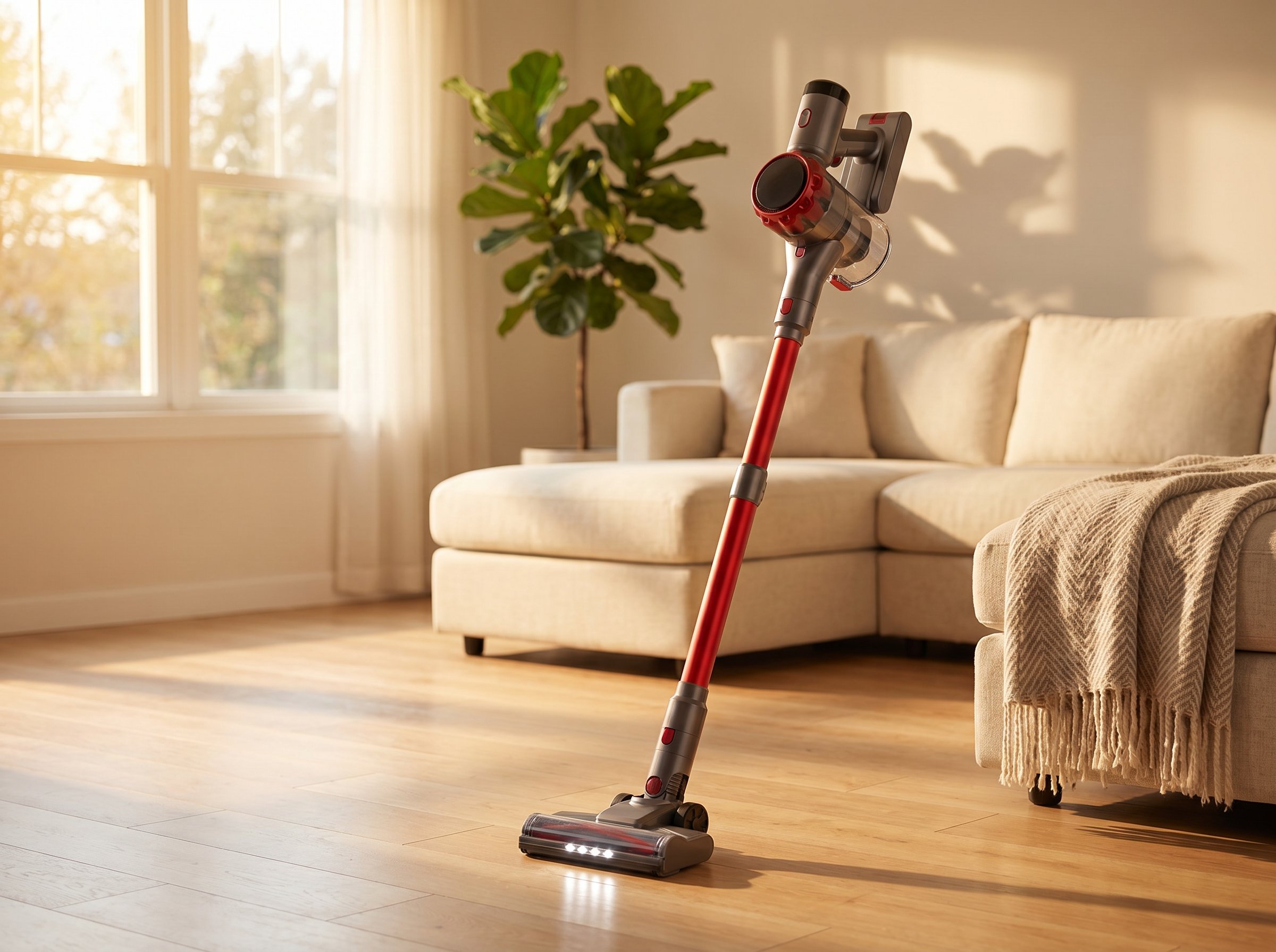 A red and silver Nyven S3P cordless vacuum standing in a warm sunlit living room with a cream couch and houseplant.