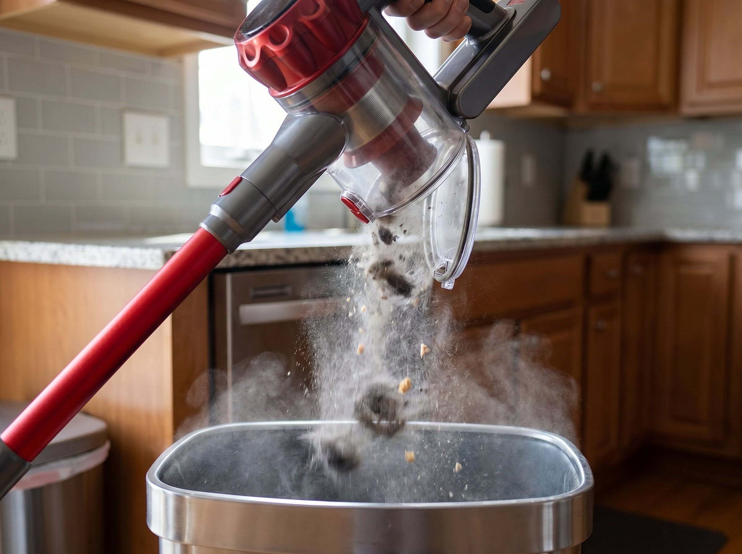 The transparent dustbin of the Nyven vacuum being emptied into a stainless steel kitchen trash can, with a visible cloud of dust and debris falling out.