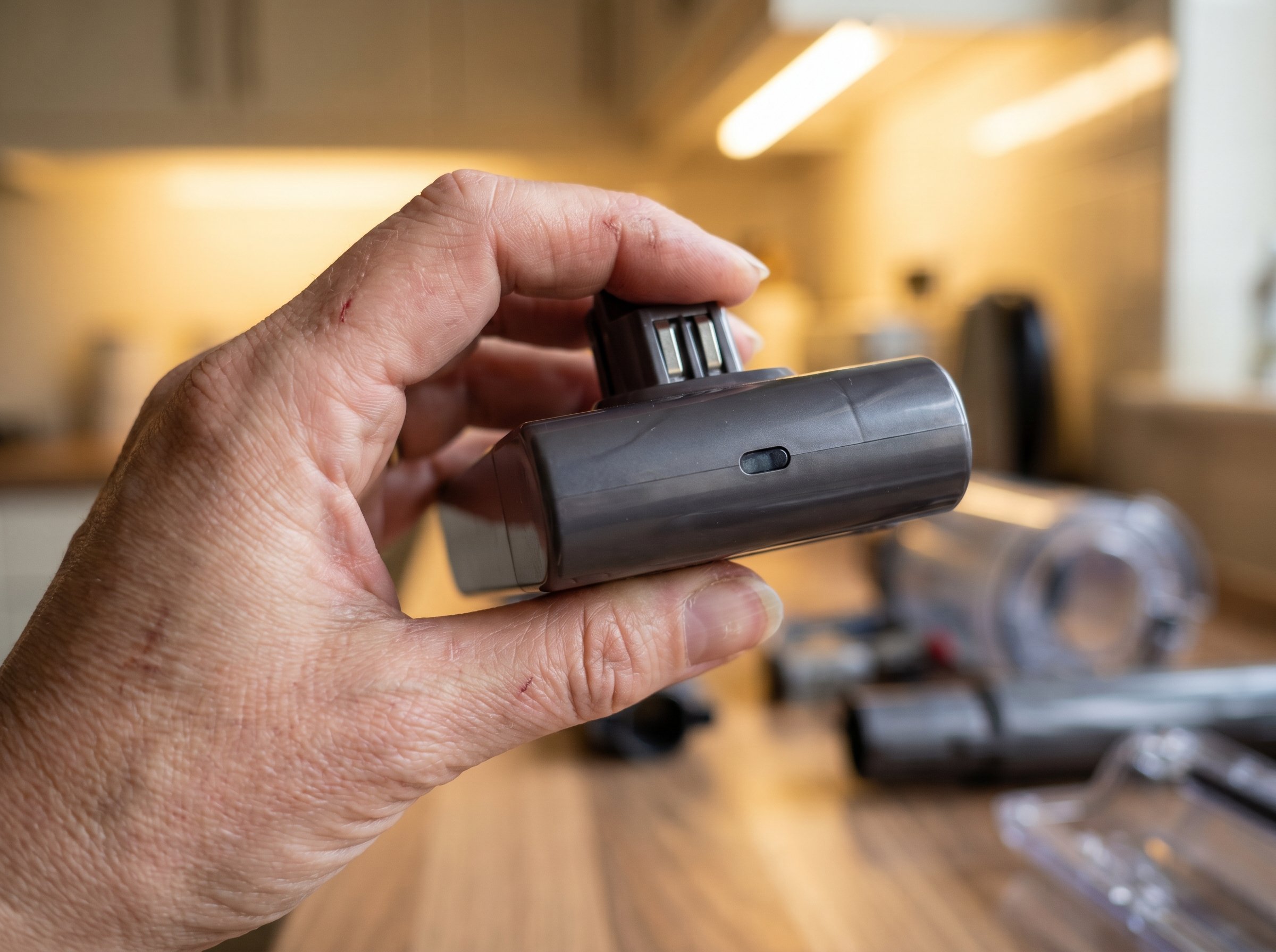A worn hand holds a removed cordless vacuum battery pack with a small unlit status LED, against a blurred kitchen background.
